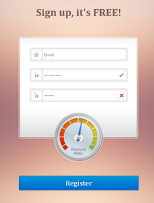CSS3制作的用户注册网页模板带密码强度仪表盘动画指示效果