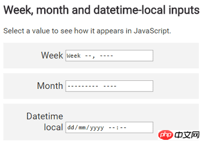 Week, month and datetime-local inputs